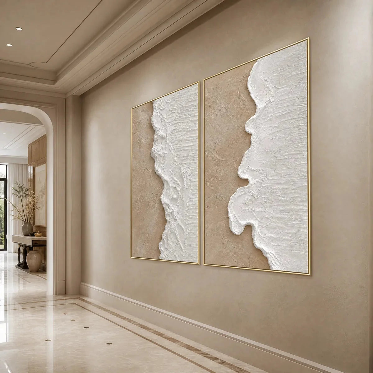 COASTAL CALM: Textured Wabi-Sabi Abstract Beach Painting Diptych | black frame version on white wall