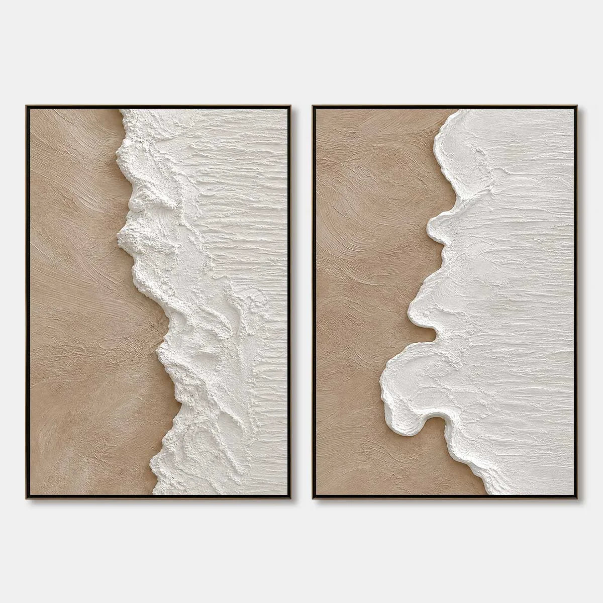 COASTAL CALM: Textured Wabi-Sabi Abstract Beach Painting Diptych | hanging in COASTAL CALM: Textured Wabi-Sabi Abstract Beach Painting Diptych featuring layered textured brushwork in refined tones;...