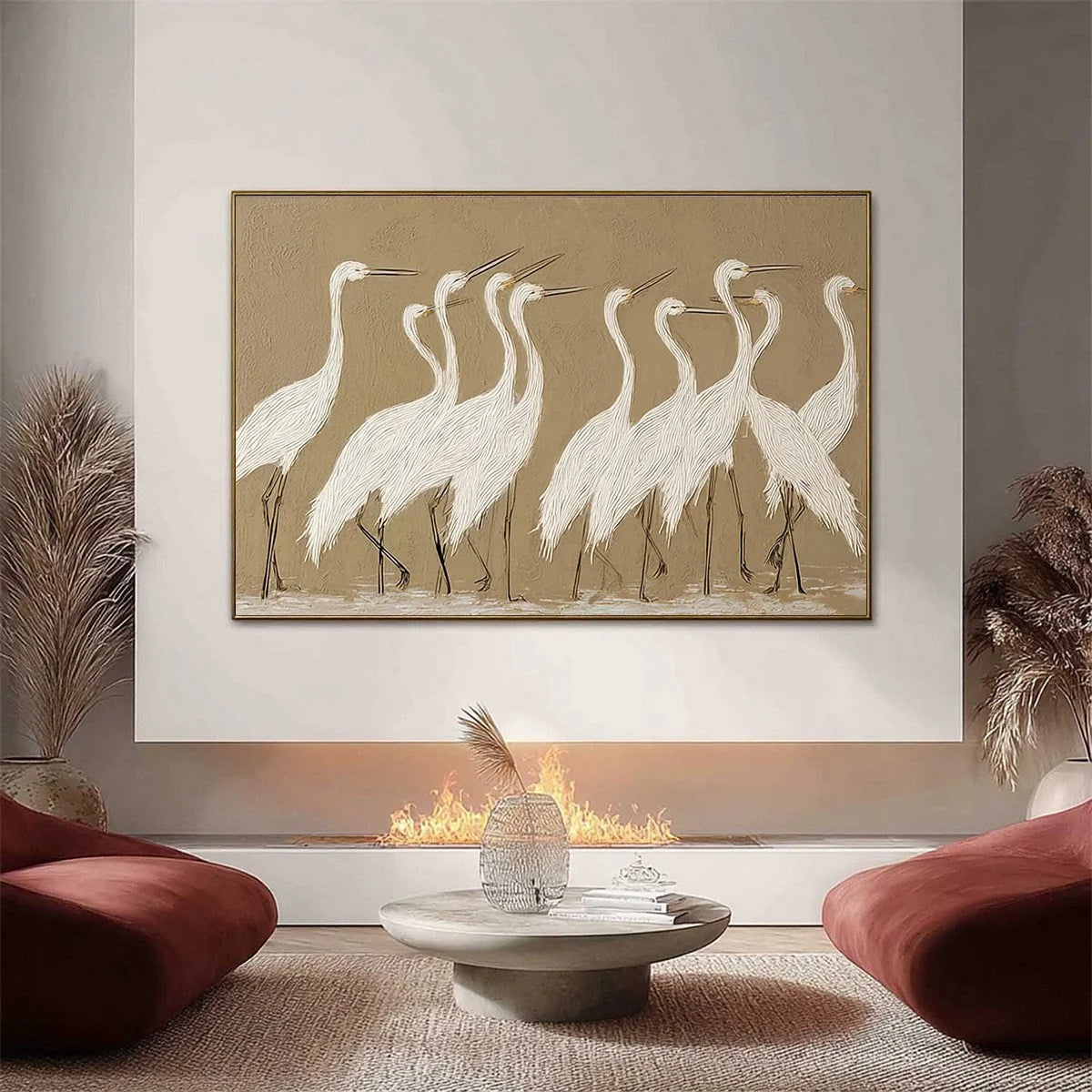 COASTAL CONGREGATION: Textured Wabi Sabi Egret Painting on Neutral Canvas | Abstract closeup, raised brushwork detail