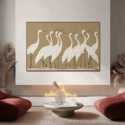 COASTAL CONGREGATION: Textured Wabi Sabi Egret Painting on Neutral Canvas | Abstract closeup, raised brushwork detail