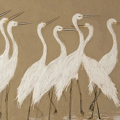 COASTAL CONGREGATION: Textured Wabi Sabi Egret Painting on Neutral Canvas | rectangular format, hand-painted canvas edge
