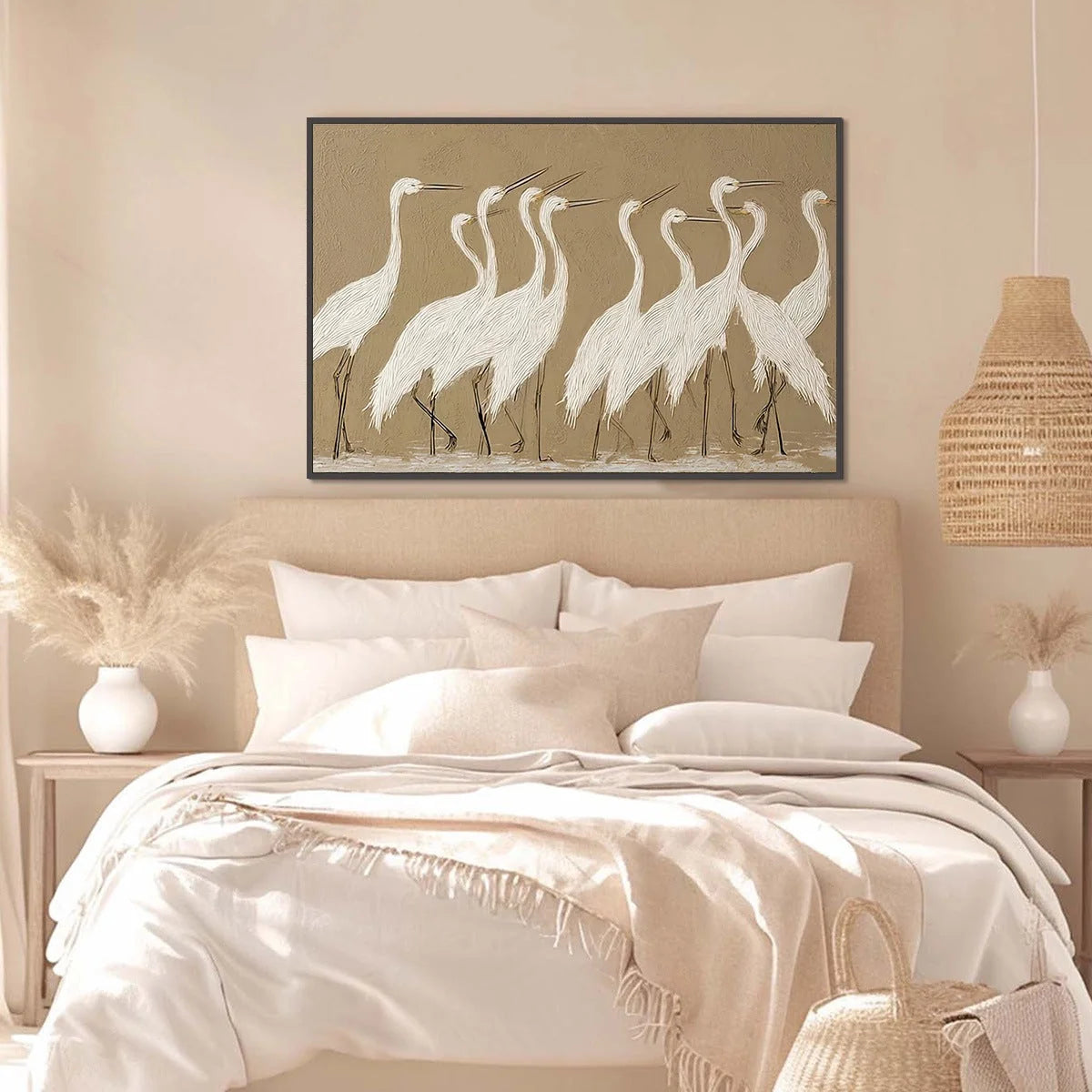 COASTAL CONGREGATION: Textured Wabi Sabi Egret Painting on Neutral Canvas | gold frame stretched on neutral wall