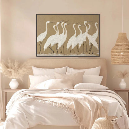 COASTAL CONGREGATION: Textured Wabi Sabi Egret Painting on Neutral Canvas | gold frame stretched on neutral wall