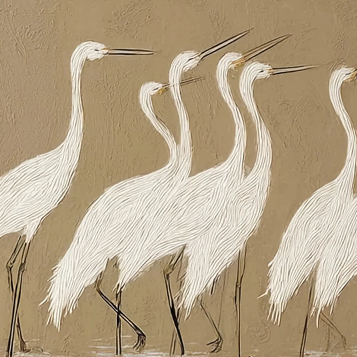 COASTAL CONGREGATION: Textured Wabi Sabi Egret Painting on Neutral Canvas | rolled canvas, ready for custom framing