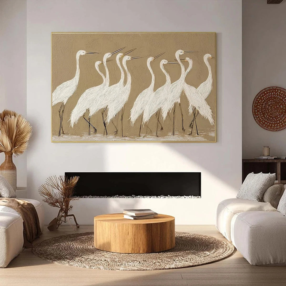 COASTAL CONGREGATION: Textured Wabi Sabi Egret Painting on Neutral Canvas | black frame version on white wall