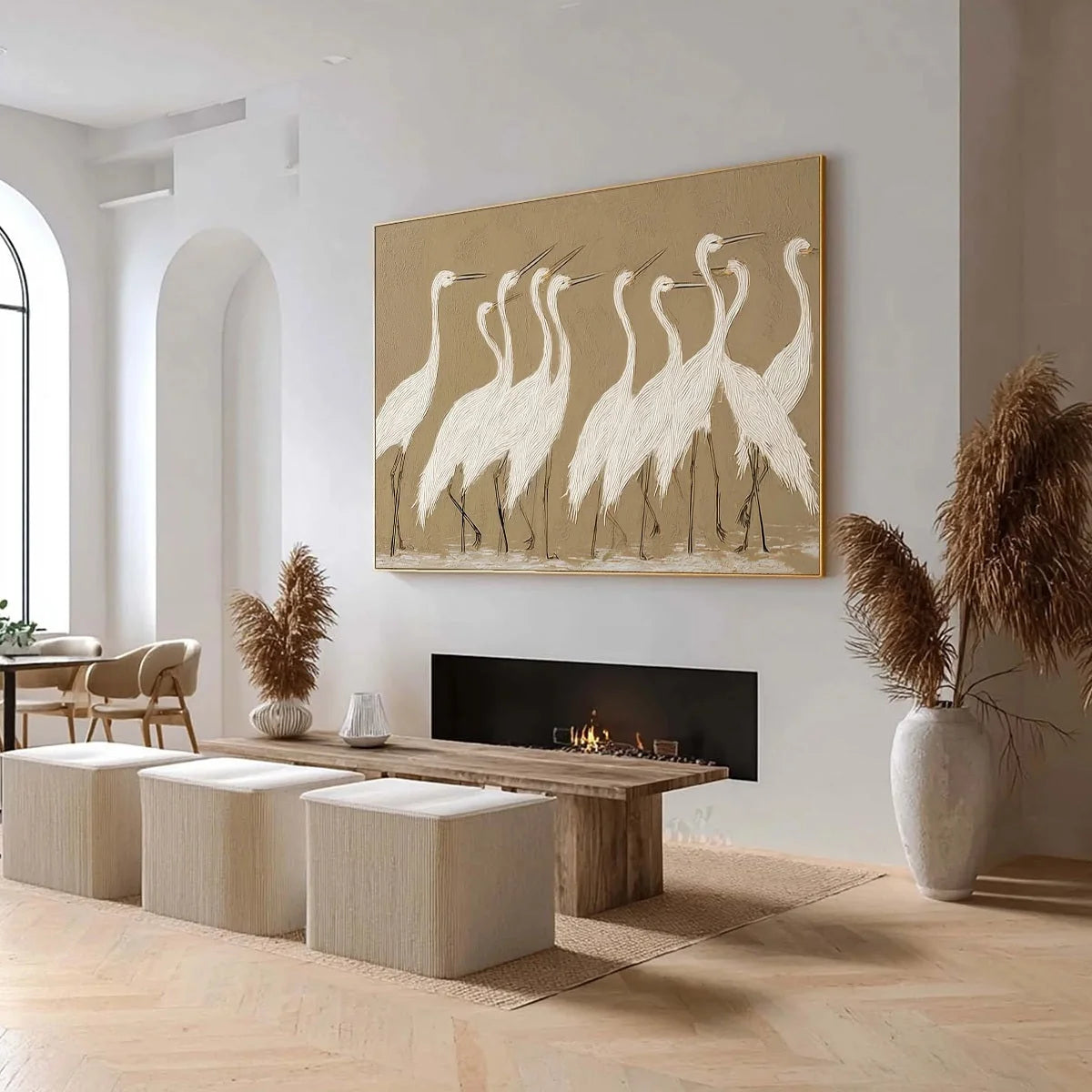 COASTAL CONGREGATION: Textured Wabi Sabi Egret Painting on Neutral Canvas | Abstract mood, soft natural light studio shot