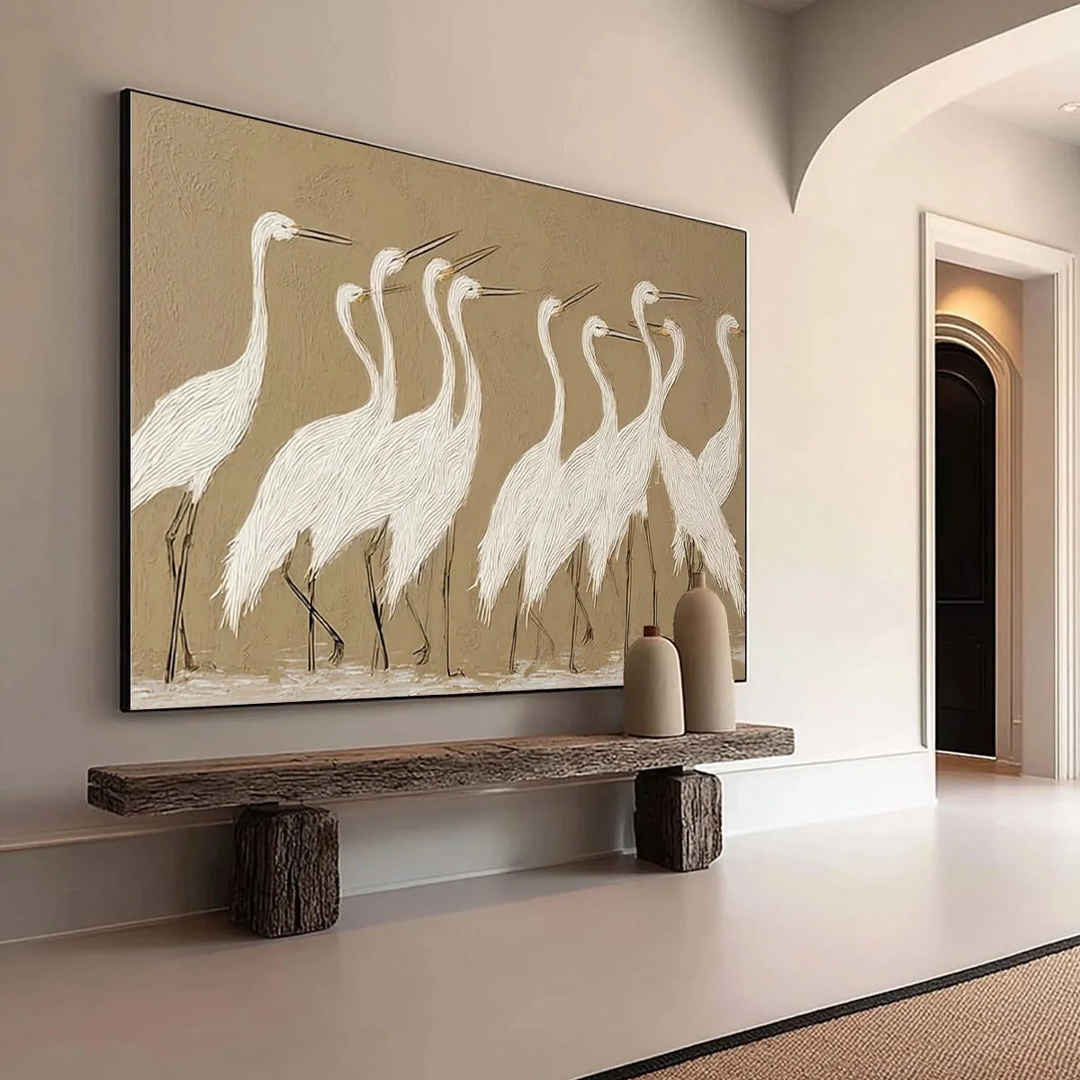 COASTAL CONGREGATION: Textured Wabi Sabi Egret Painting on Neutral Canvas | beige palette, original Hand-painted on premium stretched canvas using artist-grade oils; rich layered surface combines s...