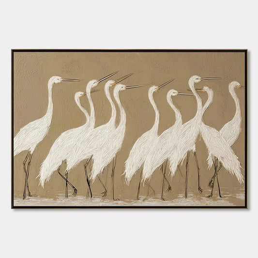 COASTAL CONGREGATION: Textured Wabi Sabi Egret Painting on Neutral Canvas | hanging in COASTAL CONGREGATION: Textured Wabi Sabi Egret Painting on Neutral Canvas featuring layered textured brushwork...