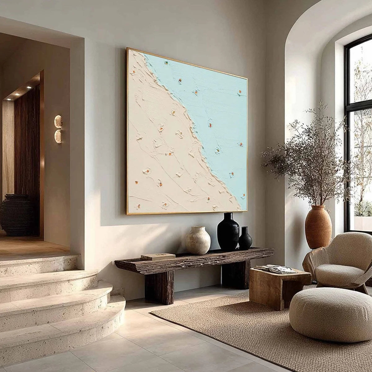 COASTAL DAYDREAM: Textured Minimalist Abstract Beach Painting | beige palette, original Hand-painted on premium stretched canvas using artist-grade oils; rich layered surface combines smooth gradie...