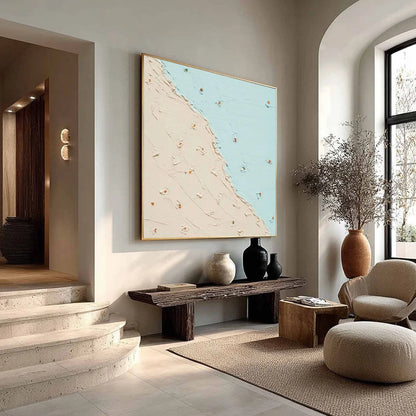 COASTAL DAYDREAM: Textured Minimalist Abstract Beach Painting | beige palette, original Hand-painted on premium stretched canvas using artist-grade oils; rich layered surface combines smooth gradie...
