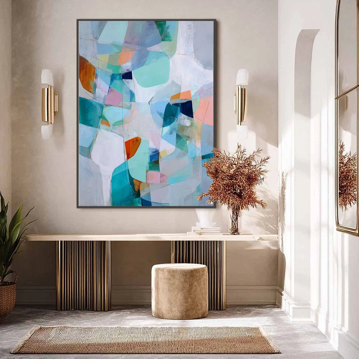 COASTAL DRIFT: Colorful Abstract Vertical Composition Art | gold frame stretched on neutral wall