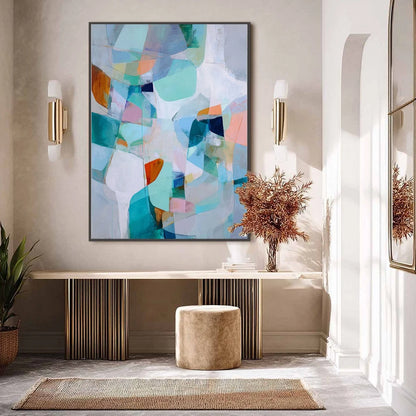 COASTAL DRIFT: Colorful Abstract Vertical Composition Art | gold frame stretched on neutral wall