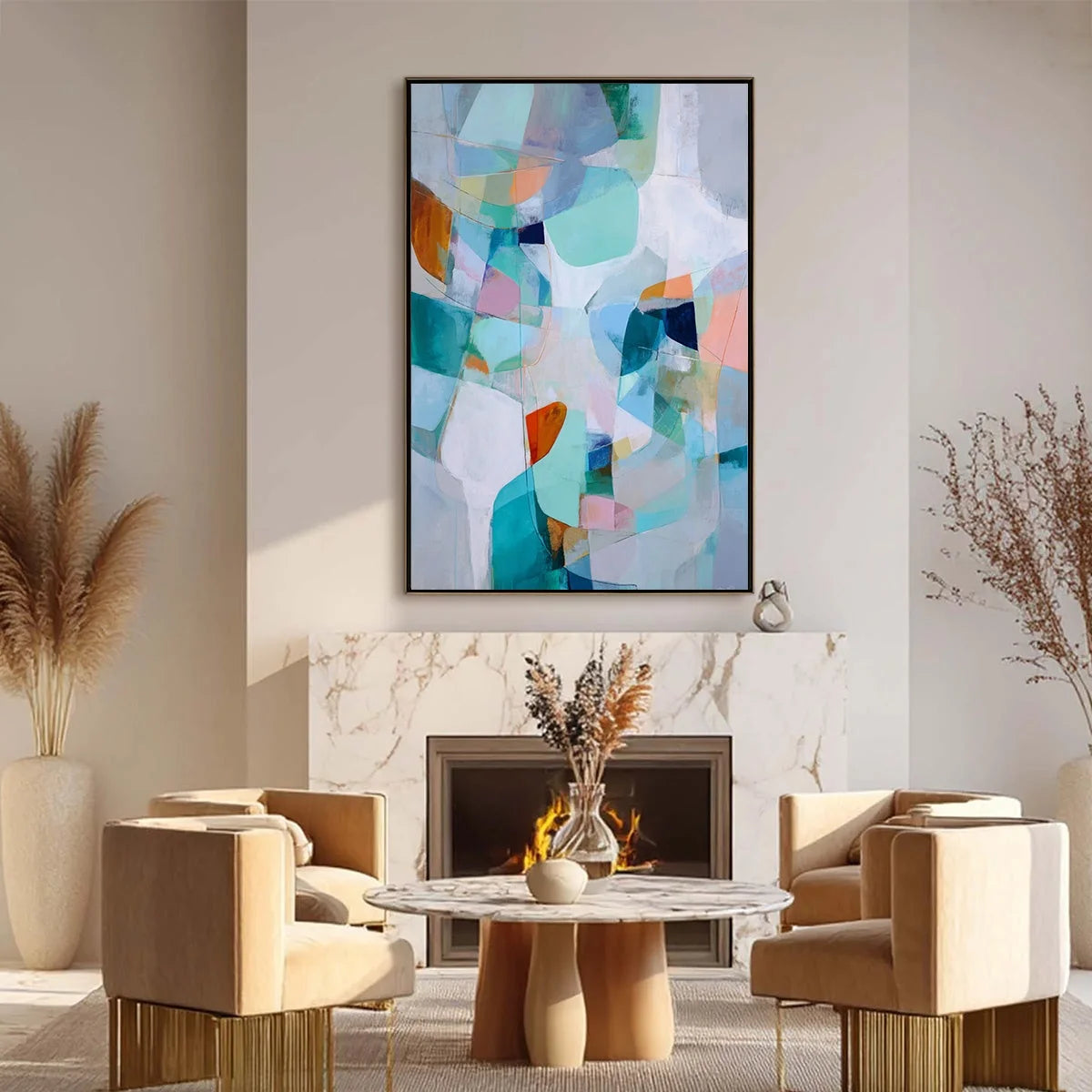 COASTAL DRIFT: Colorful Abstract Vertical Composition Art | black frame version on white wall