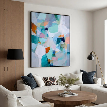 COASTAL DRIFT: Colorful Abstract Vertical Composition Art | beige palette, original Hand-painted on premium stretched canvas using artist-grade oils; rich layered surface combines smooth gradients ...