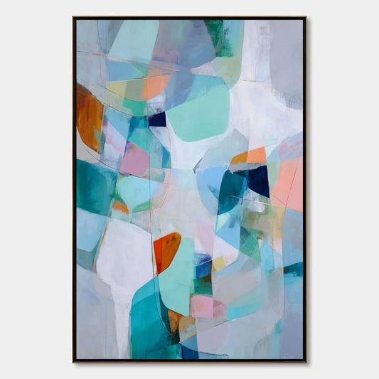 COASTAL DRIFT: Colorful Abstract Vertical Composition Art | hanging in COASTAL DRIFT: Colorful Abstract Vertical Composition Art featuring layered textured brushwork in refined tones; abstract comp...