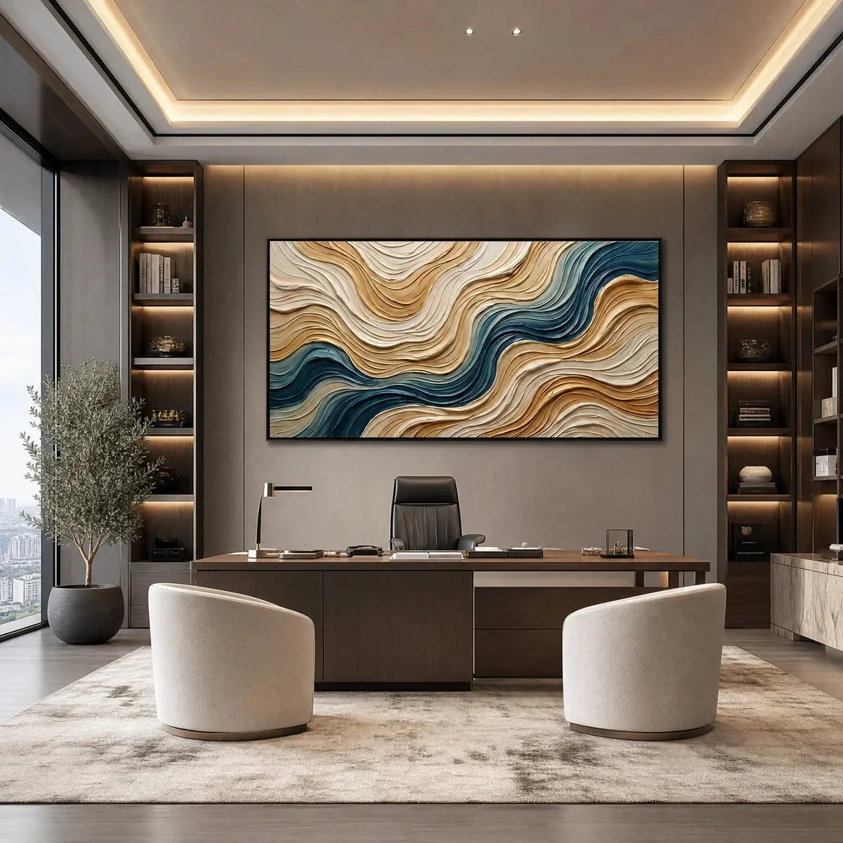 COASTAL DRIFT: Large Textured Abstract Painting of Coastal Waves | gold frame stretched on neutral wall