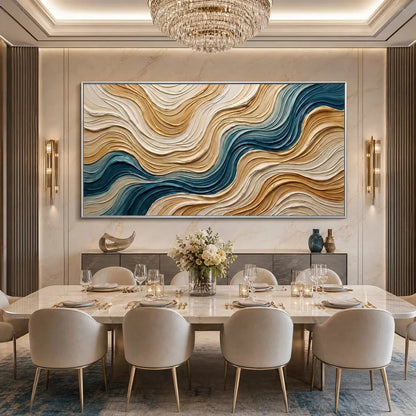 COASTAL DRIFT: Large Textured Abstract Painting of Coastal Waves | black frame version on white wall
