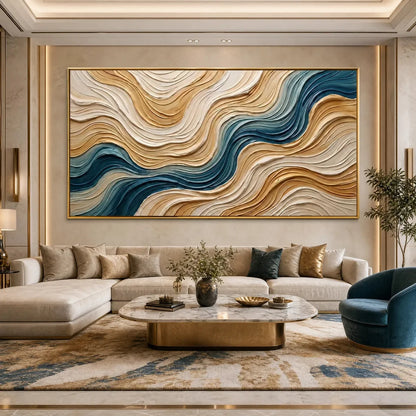 COASTAL DRIFT: Large Textured Abstract Painting of Coastal Waves | Abstract mood, soft natural light studio shot