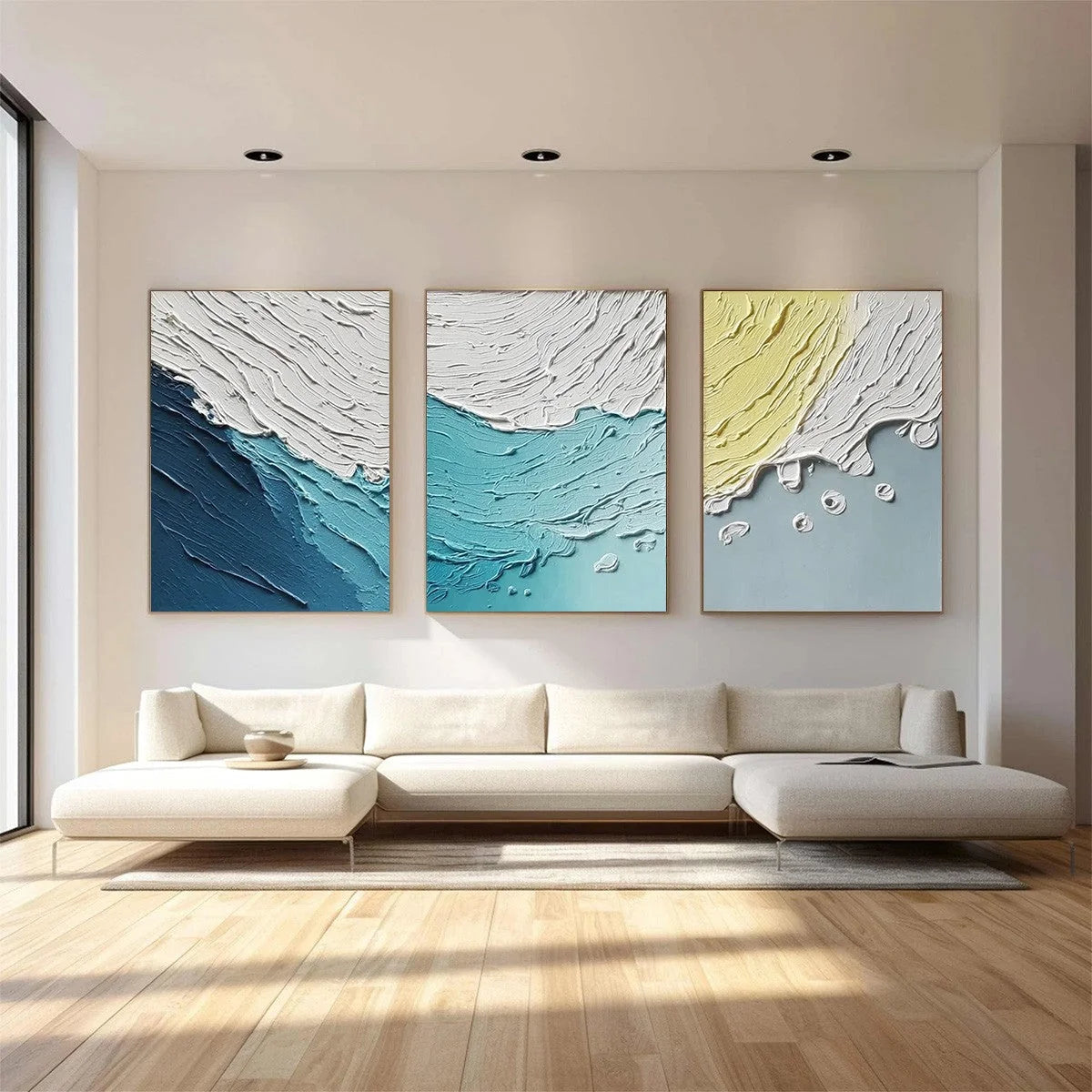 COASTAL DRIFT: Textured Abstract Ocean Wave Painting Set | gold frame stretched on neutral wall
