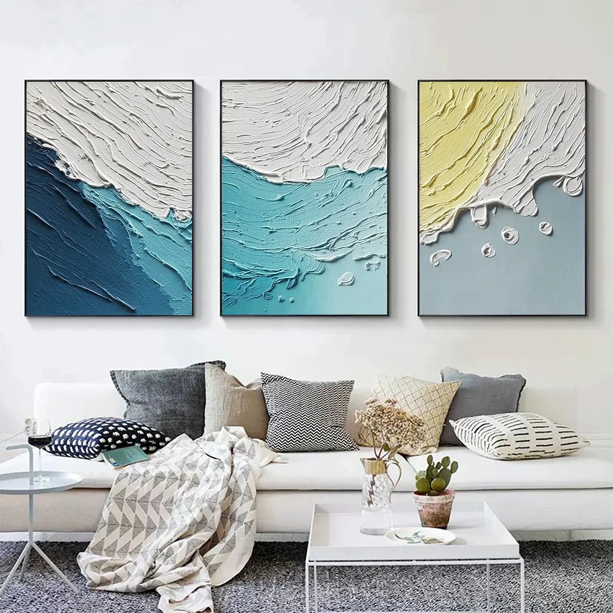COASTAL DRIFT: Textured Abstract Ocean Wave Painting Set | black frame version on white wall