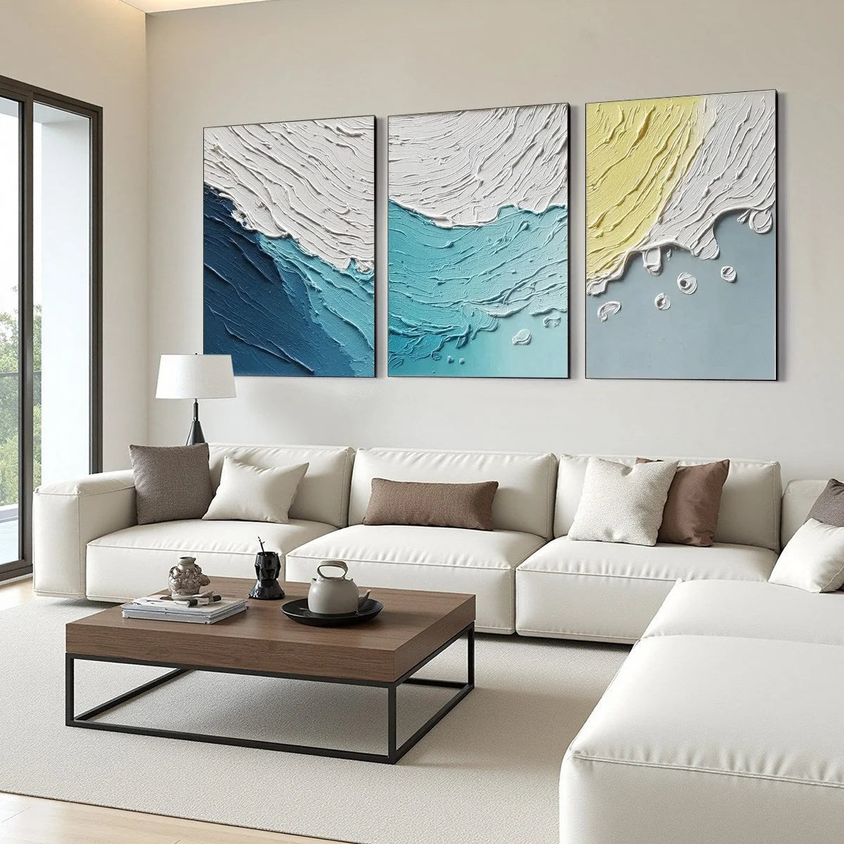COASTAL DRIFT: Textured Abstract Ocean Wave Painting Set | Abstract mood, soft natural light studio shot