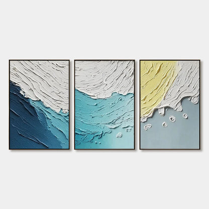 COASTAL DRIFT: Textured Abstract Ocean Wave Painting Set | hanging in Textured abstract ocean wave oil painting set; layered blue, teal, and white tones with refined palette-knife work and dynamic ...