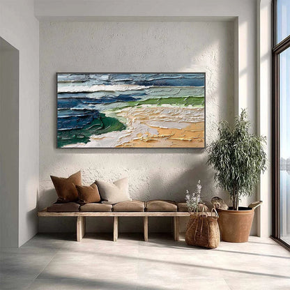 COASTAL DRIFT: Textured Abstract Seascape Impasto Oil Painting | gold frame stretched on neutral wall