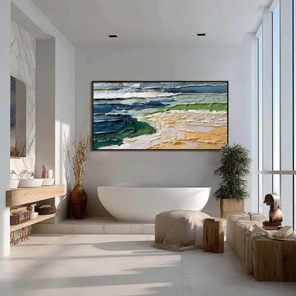 COASTAL DRIFT: Textured Abstract Seascape Impasto Oil Painting | black frame version on white wall