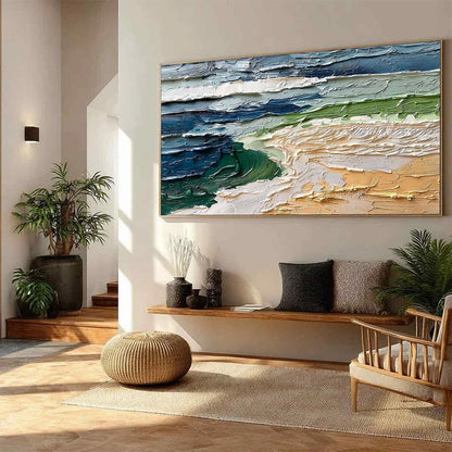 COASTAL DRIFT: Textured Abstract Seascape Impasto Oil Painting | beige palette, original Hand-painted on premium stretched canvas using artist-grade oils; rich layered surface combines smooth gradi...