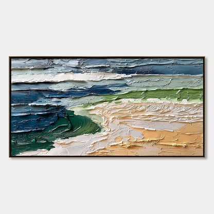 COASTAL DRIFT: Textured Abstract Seascape Impasto Oil Painting | hanging in COASTAL DRIFT: Textured Abstract Seascape Impasto Oil Painting featuring layered textured brushwork in refined tones; abs...