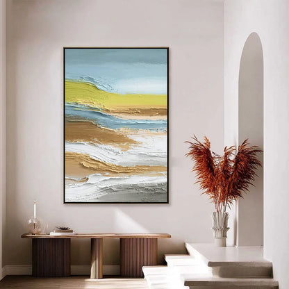 COASTAL DRIFT: Vertical Textured Abstract Coastal Landscape Painting | gold frame stretched on neutral wall