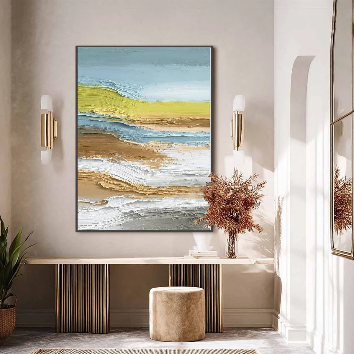 COASTAL DRIFT: Vertical Textured Abstract Coastal Landscape Painting | black frame version on white wall