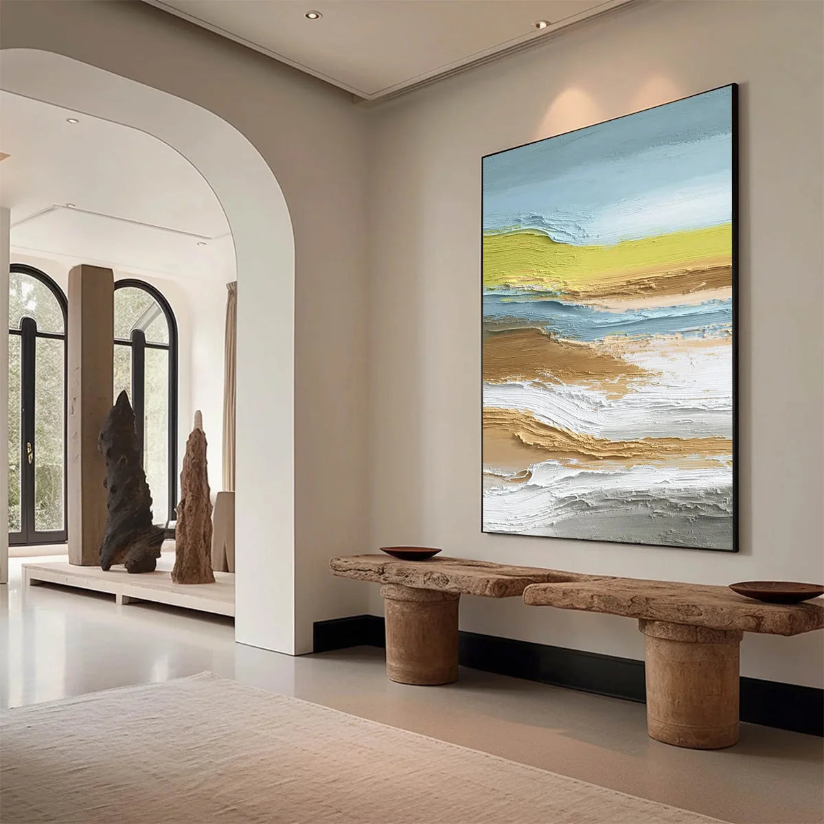 COASTAL DRIFT: Vertical Textured Abstract Coastal Landscape Painting | Abstract mood, soft natural light studio shot