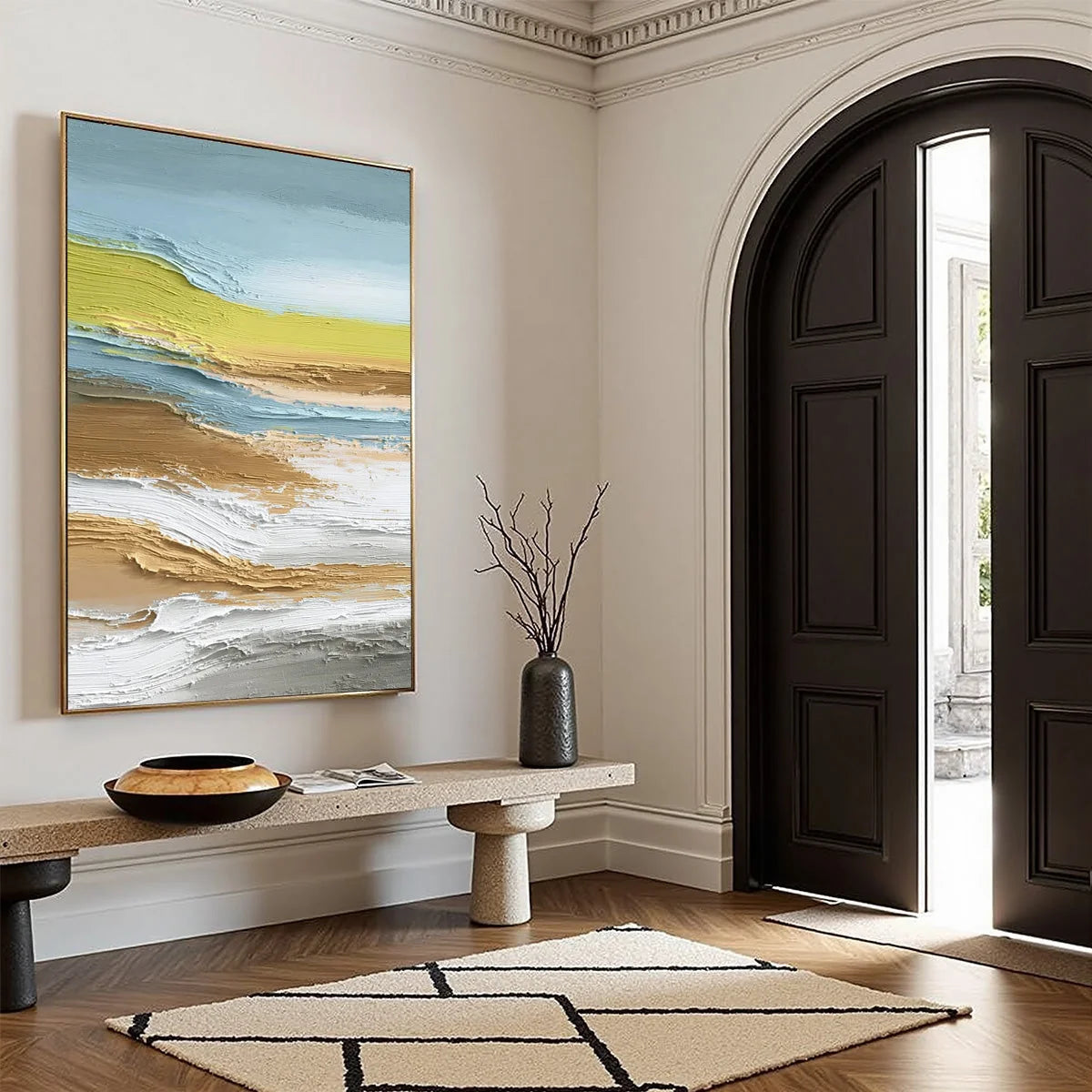 COASTAL DRIFT: Vertical Textured Abstract Coastal Landscape Painting | beige palette, original Hand-painted on premium stretched canvas using artist-grade oils; rich layered surface combines smooth...