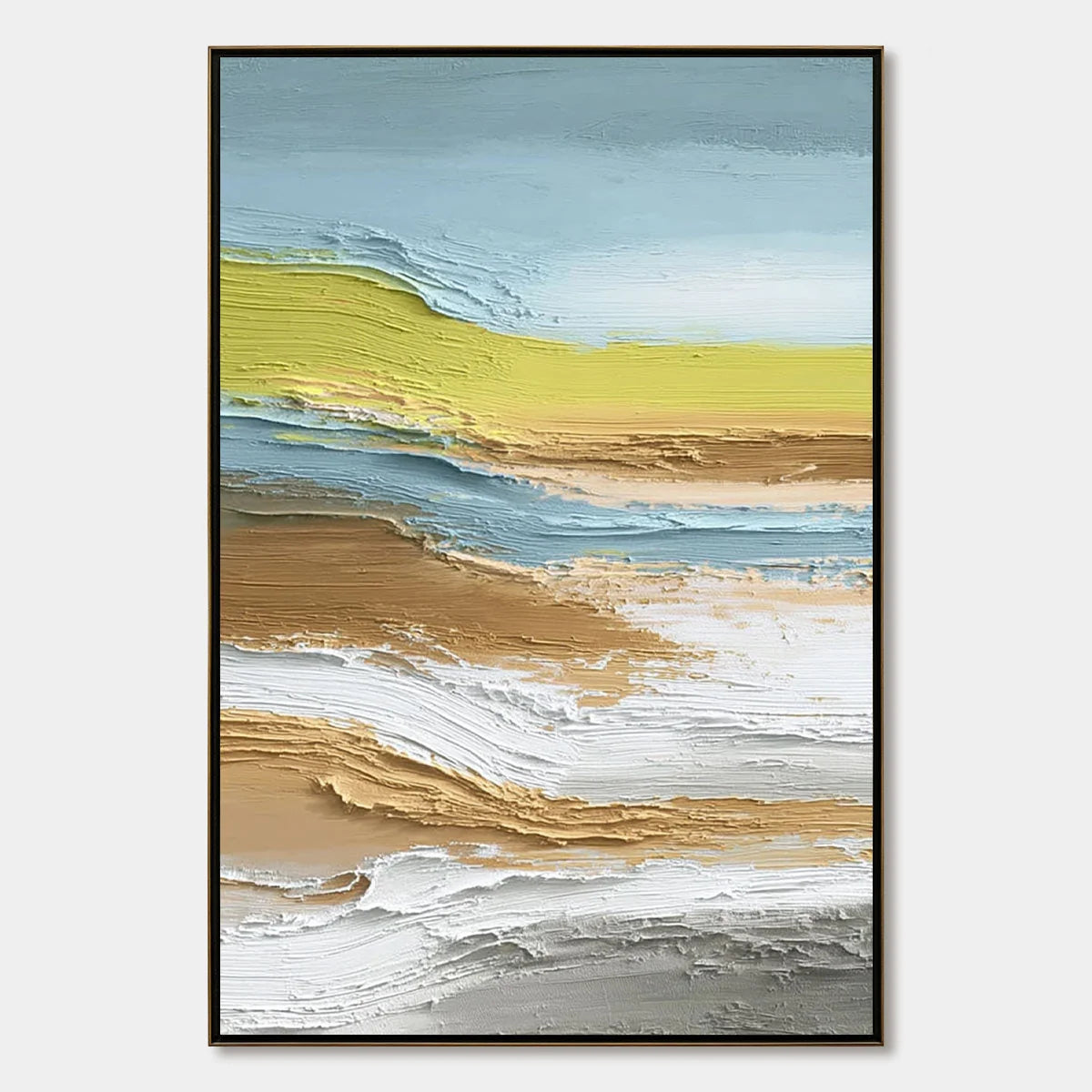 COASTAL DRIFT: Vertical Textured Abstract Coastal Landscape Painting | hanging in COASTAL DRIFT: Vertical Textured Abstract Coastal Landscape Painting featuring layered textured brushwork in refine...