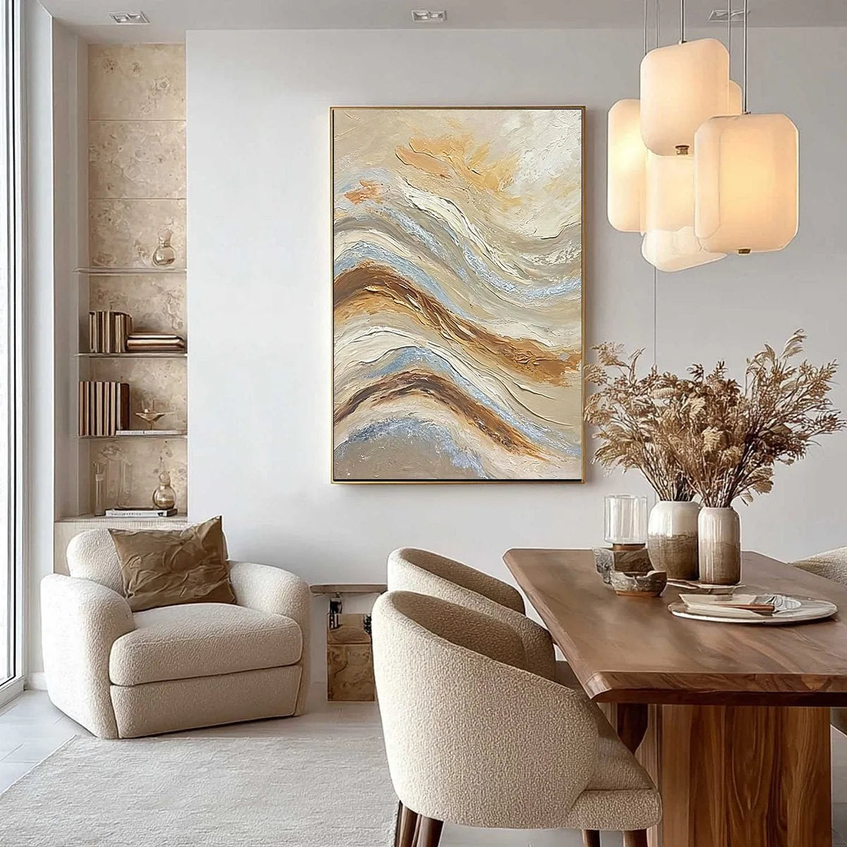 COASTAL DRIFT: Wabi Sabi Inspired Textured Abstract Oil Painting | gold frame stretched on neutral wall