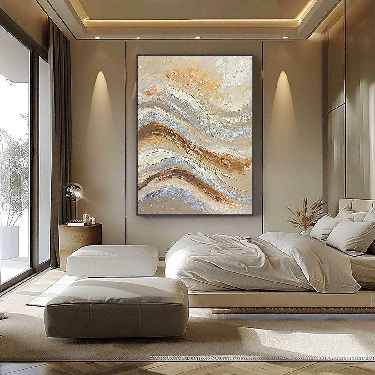 COASTAL DRIFT: Wabi Sabi Inspired Textured Abstract Oil Painting | black frame version on white wall
