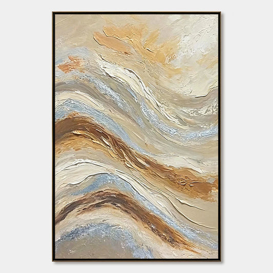 COASTAL DRIFT: Wabi Sabi Inspired Textured Abstract Oil Painting | hanging in COASTAL DRIFT: Wabi Sabi Inspired Textured Abstract Oil Painting featuring layered textured brushwork in refined tones;...