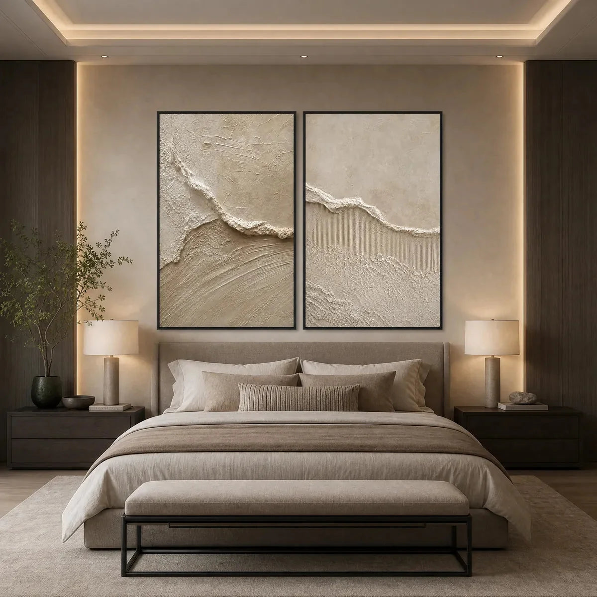 COASTAL DRIFT: Wabi Sabi Inspired Textured Abstract Painting Set | gold frame stretched on neutral wall