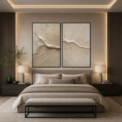 COASTAL DRIFT: Wabi Sabi Inspired Textured Abstract Painting Set | gold frame stretched on neutral wall