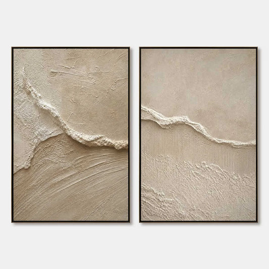 COASTAL DRIFT: Wabi Sabi Inspired Textured Abstract Painting Set | hanging in COASTAL DRIFT: Wabi Sabi Inspired Textured Abstract Painting Set featuring layered textured brushwork in refined tones;...