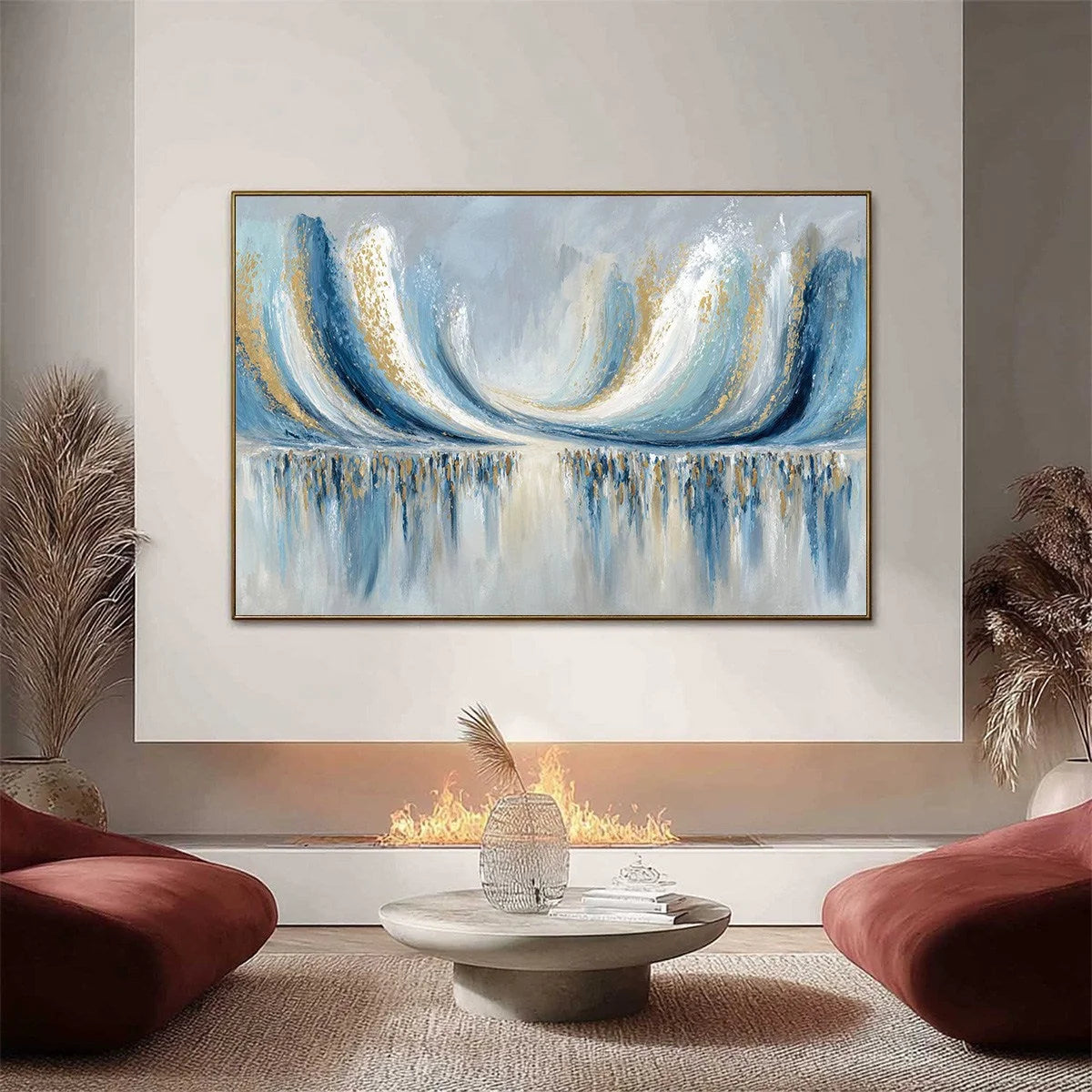COASTAL ECHOES: Abstract Gold & Blue Textured Seascape Painting | Abstract closeup, raised brushwork detail