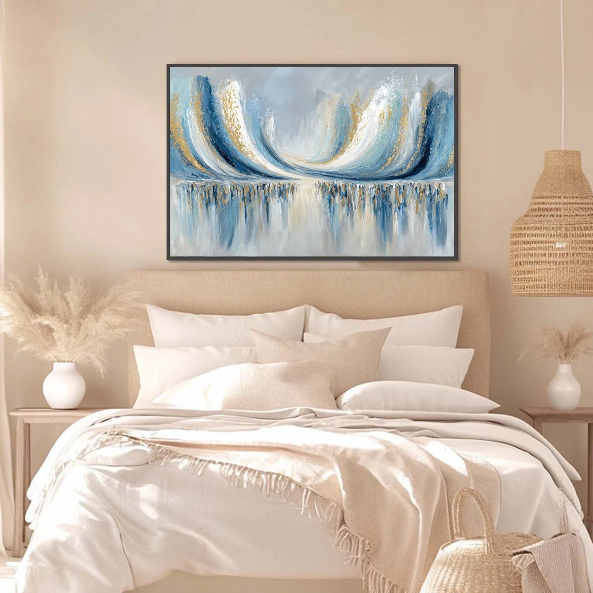 COASTAL ECHOES: Abstract Gold & Blue Textured Seascape Painting | gold frame stretched on neutral wall