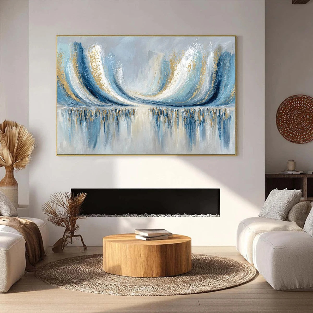 COASTAL ECHOES: Abstract Gold & Blue Textured Seascape Painting | black frame version on white wall