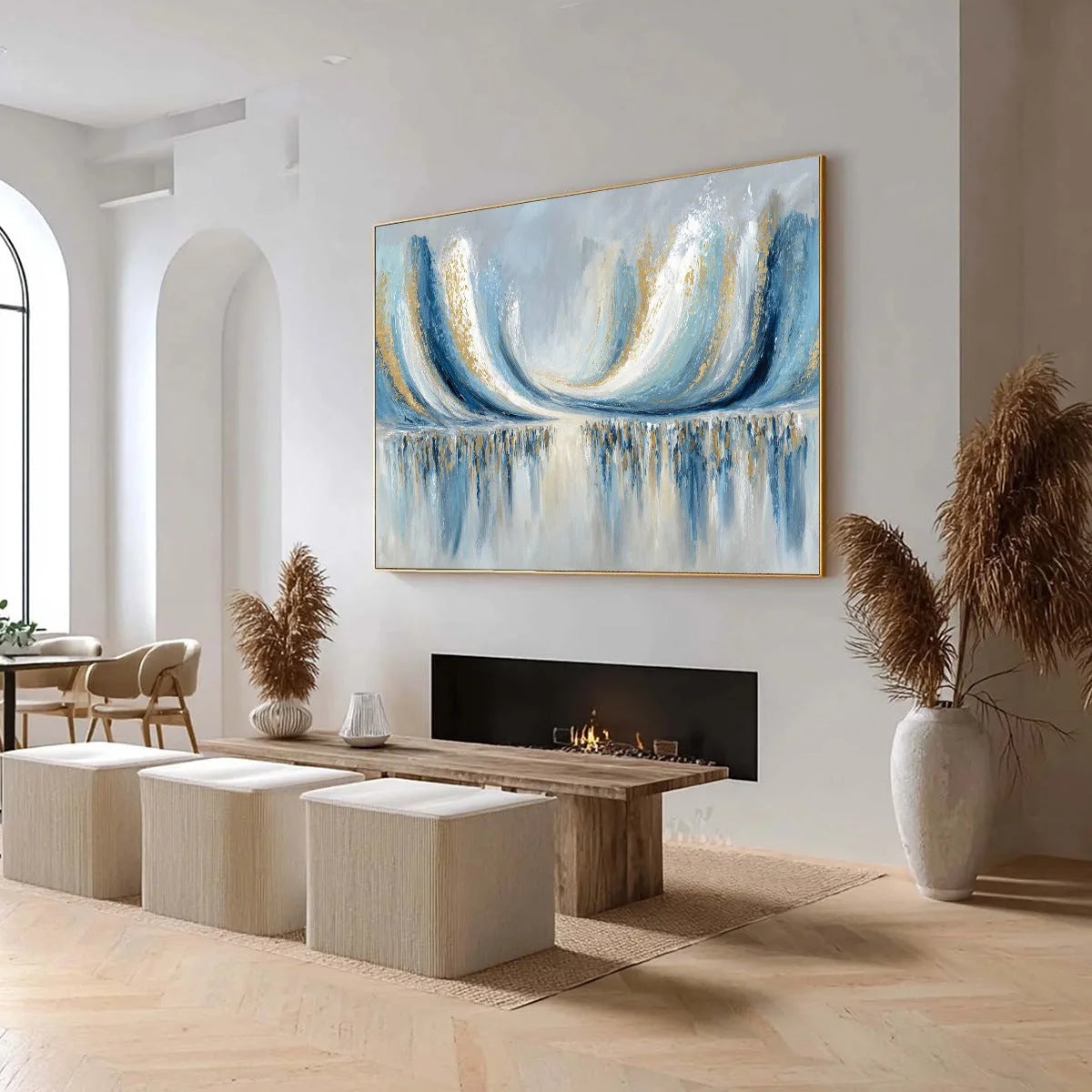 COASTAL ECHOES: Abstract Gold & Blue Textured Seascape Painting | Abstract mood, soft natural light studio shot