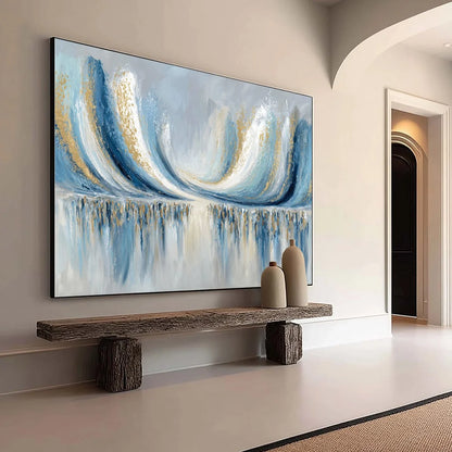 COASTAL ECHOES: Abstract Gold & Blue Textured Seascape Painting | yellow palette, original Hand-painted on premium stretched canvas using artist-grade oils; rich layered surface combines smooth gra...
