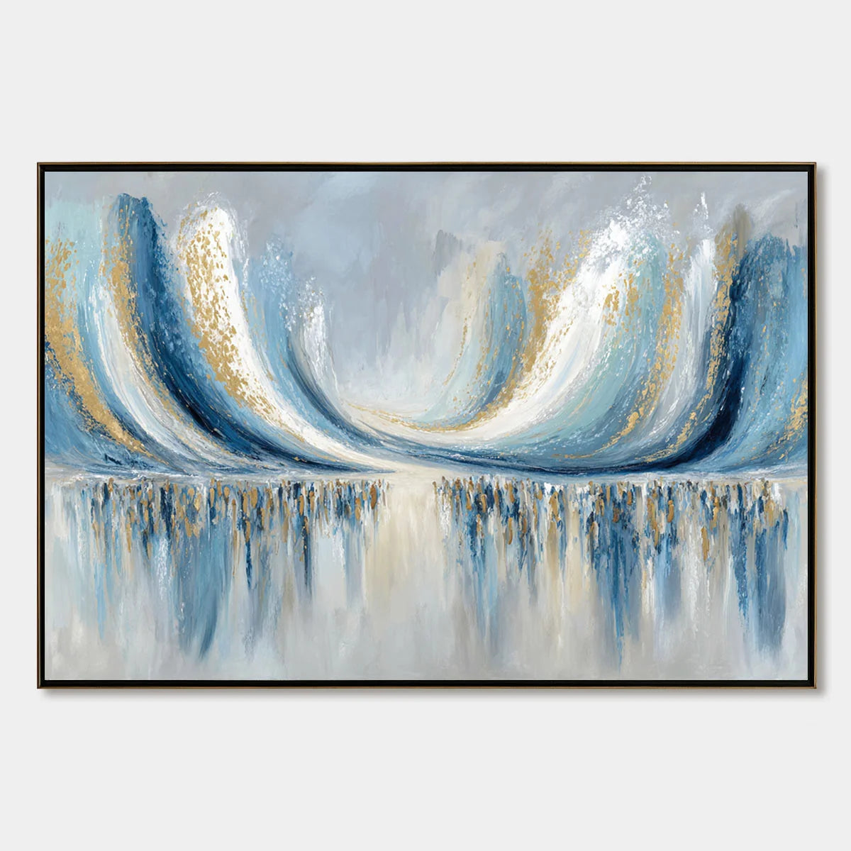 COASTAL ECHOES: Abstract Gold & Blue Textured Seascape Painting | hanging in COASTAL ECHOES: Abstract Gold & Blue Textured Seascape Painting featuring layered textured brushwork in refined tones; a...