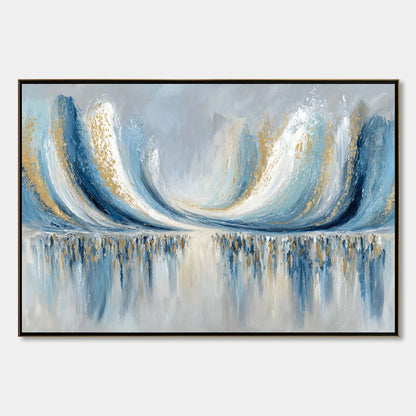 COASTAL ECHOES: Abstract Gold & Blue Textured Seascape Painting | hanging in COASTAL ECHOES: Abstract Gold & Blue Textured Seascape Painting featuring layered textured brushwork in refined tones; a...