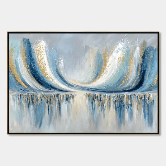COASTAL ECHOES: Abstract Gold & Blue Textured Seascape Painting | hanging in COASTAL ECHOES: Abstract Gold & Blue Textured Seascape Painting featuring layered textured brushwork in refined tones; a...