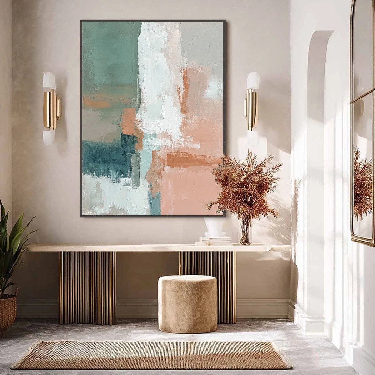 COASTAL ECHOES: Muted Tones Abstract Landscape Painting | gold frame stretched on neutral wall